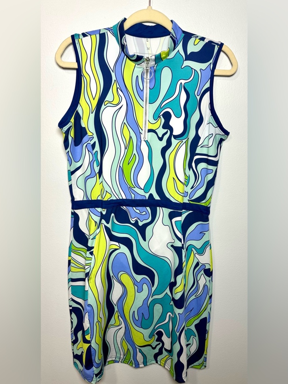 Ana Clare Active Sleeveless Mini Dress Blue & Green Swirl Print with Zip Front